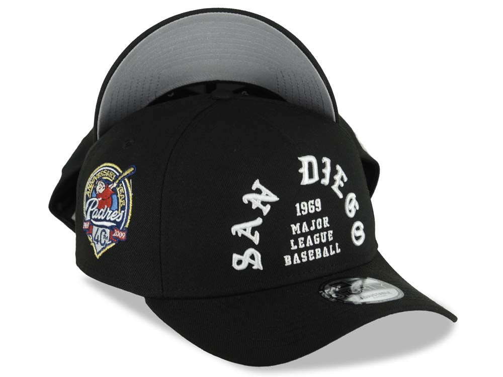 San Diego Padres New Era MLB 9FORTY 940 Adjustable A-Frame Cap Hat Black Crown/Visor White Text/Script Logo 40th Anniversary Side Patch