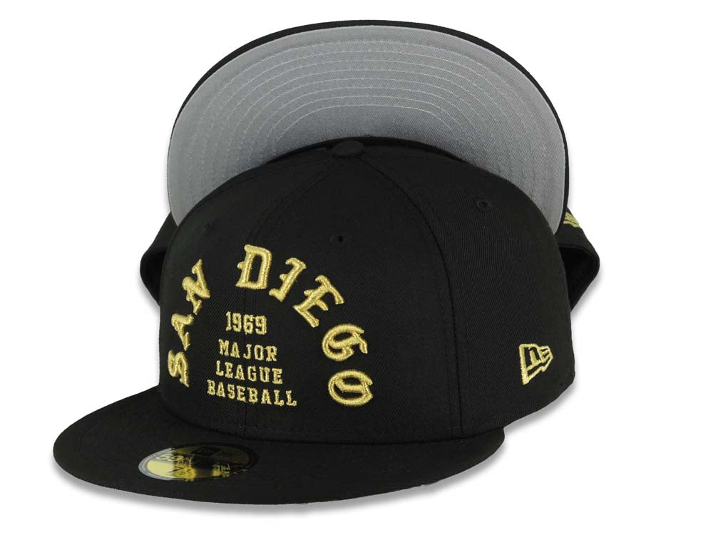 San Diego Padres New Era MLB 59FIFTY 5950 Fitted Cap Hat Black Crown/Visor Metallic Gold 1969 Major League Basell Logo Gray UV