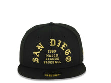 Load image into Gallery viewer, San Diego Padres New Era MLB 59FIFTY 5950 Fitted Cap Hat Black Crown/Visor Metallic Gold 1969 Major League Basell Logo Gray UV
