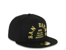 Load image into Gallery viewer, San Diego Padres New Era MLB 59FIFTY 5950 Fitted Cap Hat Black Crown/Visor Metallic Gold 1969 Major League Basell Logo Gray UV

