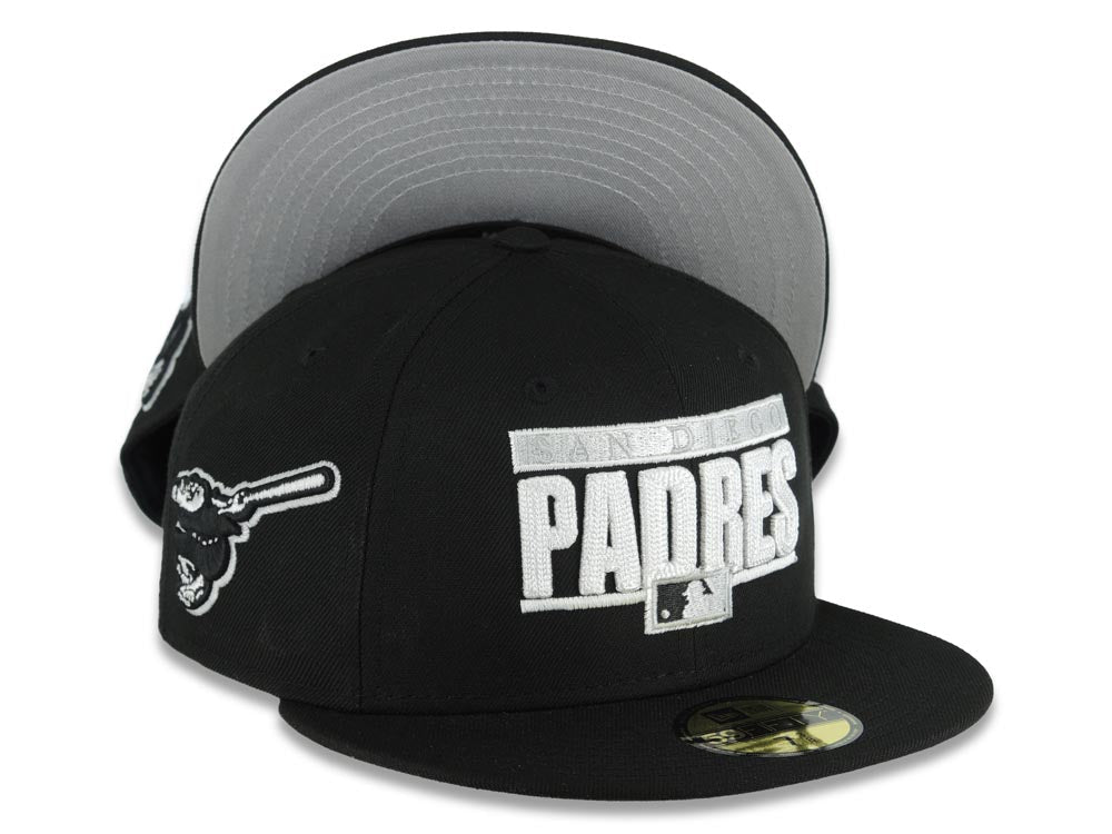 San Diego Padres New Era MLB 59FIFTY 5950 Fitted Cap Hat Black Crown/Visor White Text Logo Swinging Friar Side Patch Gray UV