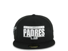 Load image into Gallery viewer, San Diego Padres New Era MLB 59FIFTY 5950 Fitted Cap Hat Black Crown/Visor White Text Logo Swinging Friar Side Patch Gray UV
