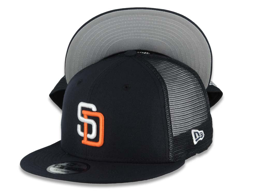 San Diego Padres New Era MLB 9FIFTY 950 Snapback Trucker/Mesh Cap Hat Black Crown/Visor White/Orange Logo Gray UV