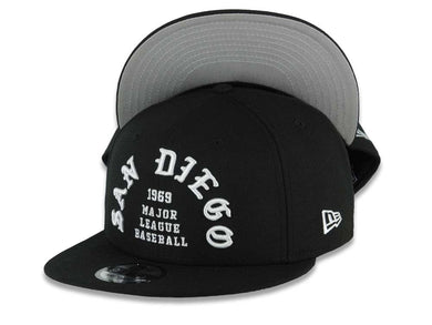 San Diego Padres New Era MLB 9FIFTY 950 Snapback 1969 Cap Hat Black Crown/Visor White Text/Script Logo Gray UV