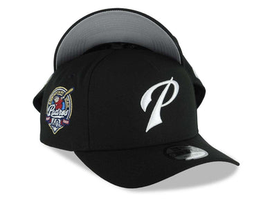 San Diego Padres New Era MLB 9FORTY 940 Adjustable A-Frame Cap Hat Black Crown/Visor White P Script Logo 40th Anniversary Side Patch Gray UV