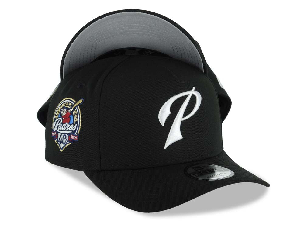 San Diego Padres New Era MLB 9FORTY 940 Adjustable A-Frame Cap Hat Black Crown/Visor White P Script Logo 40th Anniversary Side Patch Gray UV