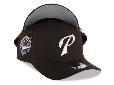 San Diego Padres New Era MLB 9FORTY 940 Adjustable A-Frame Cap Hat Dark Brown Crown/Visor White Script P Logo 40th Anniversary Side Patch Gray UV