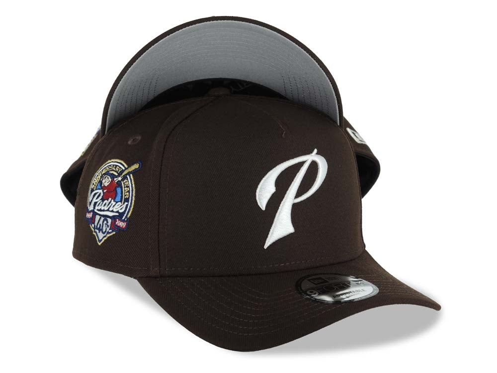 San Diego Padres New Era MLB 9FORTY 940 Adjustable A-Frame Cap Hat Dark Brown Crown/Visor White Script P Logo 40th Anniversary Side Patch Gray UV