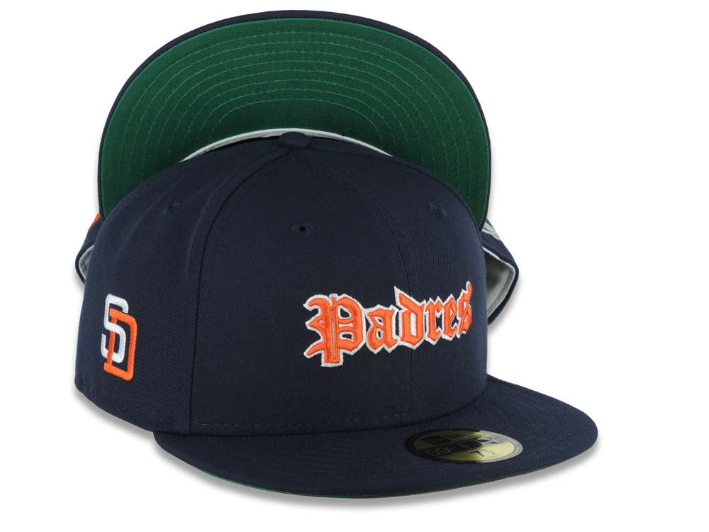 San Diego Padres New Era MLB 59FIFTY 5950 Fitted Cap Hat Navy Blue Crown/Visor Orange/White Script/Text Logo SD Side Logo Green UV