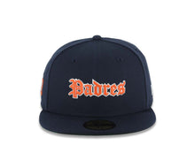 Load image into Gallery viewer, San Diego Padres New Era MLB 59FIFTY 5950 Fitted Cap Hat Navy Blue Crown/Visor Orange/White Script/Text Logo SD Side Logo Green UV
