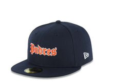 Load image into Gallery viewer, San Diego Padres New Era MLB 59FIFTY 5950 Fitted Cap Hat Navy Blue Crown/Visor Orange/White Script/Text Logo SD Side Logo Green UV
