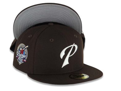 San Diego Padres New Era MLB 59FIFTY 5950 Fitted Cap Hat Dark Brown Crown/Visor White P Script Logo 40th Anniversary Side Patch Gray UV