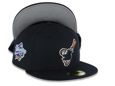 San Diego Padres New Era MLB 59FIFTY 5950 Fitted Cap Hat Navy Blue Crown/Visor Navy Blue/Orange Swinging Friar Logo 1998 World Series Side Patch Gray UV