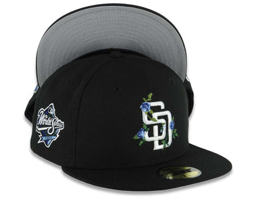 San Diego Padres New Era MLB 59FIFTY 5950 Fitted Cap Hat Black Crown/Visor White Logo With Rose 1998 World Series Side Patch Gray UV