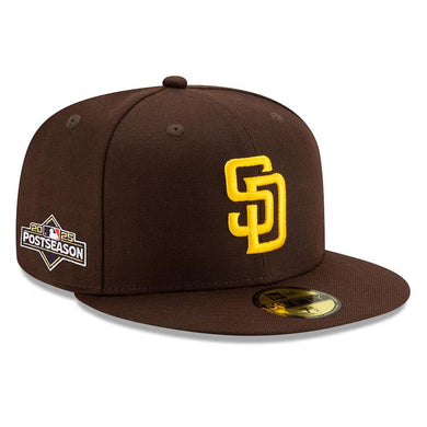 (Youth/Adult) San Diego Padres New Era MLB 59FIFTY 5950 Fitted Cap Hat Dark Brown Crown/Visor Team Color Logo 2025 Post Season Postseason Side Patch