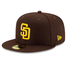 Load image into Gallery viewer, (Youth/Adult) San Diego Padres New Era MLB 59FIFTY 5950 Fitted Cap Hat Dark Brown Crown/Visor Team Color Logo 2025 Post Season Postseason Side Patch
