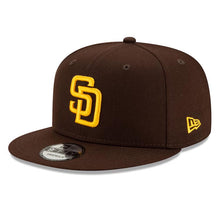 Load image into Gallery viewer, San Diego Padres New Era MLB 9FIFTY 950 Snapback Cap Hat Dark Brown Crown/Visor Team Color Logo 2025 Post Season Postseason Side Patch
