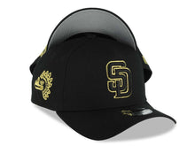 Load image into Gallery viewer, San Diego Padres New Era MLB 9FORTY 940 Adjustable A-Frame Hat Black Crown/Visor Black/Metallic Gold Logo Metallic Gold Eagle Side Patch Gray UV
