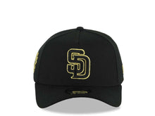 Load image into Gallery viewer, San Diego Padres New Era MLB 9FORTY 940 Adjustable A-Frame Hat Black Crown/Visor Black/Metallic Gold Logo Metallic Gold Eagle Side Patch Gray UV
