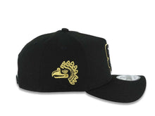 Load image into Gallery viewer, San Diego Padres New Era MLB 9FORTY 940 Adjustable A-Frame Hat Black Crown/Visor Black/Metallic Gold Logo Metallic Gold Eagle Side Patch Gray UV
