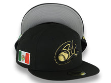 Load image into Gallery viewer, Charros de Jalisco New Era LMP 59FIFTY 5950 Fitted Cap Hat Black Crown/Visor Black/Metallic Gold Logo Mexico Flag Side Patch Gray UV
