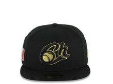 Load image into Gallery viewer, Charros de Jalisco New Era LMP 59FIFTY 5950 Fitted Cap Hat Black Crown/Visor Black/Metallic Gold Logo Mexico Flag Side Patch Gray UV
