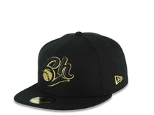 Load image into Gallery viewer, Charros de Jalisco New Era LMP 59FIFTY 5950 Fitted Cap Hat Black Crown/Visor Black/Metallic Gold Logo Mexico Flag Side Patch Gray UV
