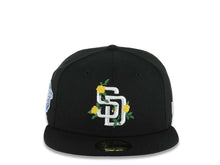 Load image into Gallery viewer, San Diego Padres New Era MLB 59FIFTY 5950 Fitted Cap Hat Black Crown/Visor White/Yellow Logo With Flower 1998 World Series Side Patch Gray UV
