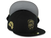 Load image into Gallery viewer, San Diego Padres New Era MLB 59FIFTY 5950 Fitted Cap Hat Black Crown/Visor Black/Metallic Gold Logo Mexico Eagle Side Patch Gray UV
