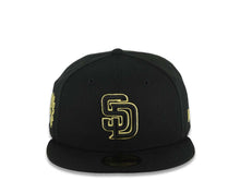Load image into Gallery viewer, San Diego Padres New Era MLB 59FIFTY 5950 Fitted Cap Hat Black Crown/Visor Black/Metallic Gold Logo Mexico Eagle Side Patch Gray UV
