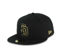Load image into Gallery viewer, San Diego Padres New Era MLB 59FIFTY 5950 Fitted Cap Hat Black Crown/Visor Black/Metallic Gold Logo Mexico Eagle Side Patch Gray UV
