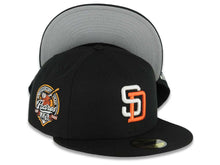 Load image into Gallery viewer, San Diego Padres New Era MLB 59FIFTY 5950 Fitted Cap Hat Black Crown/Visor White/Orange Logo 40th Anniversary Side Patch Gray UV
