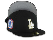 Load image into Gallery viewer, Los Angeles Dodgers New Era MLB 59FIFTY 5950 Fitted Cap Hat Black Crown/Visor White/Metallic Gold Logo 1984 Stadium Side Patch Gray UV
