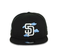 Load image into Gallery viewer, San Diego Padres New Era MLB 9FIFTY 950 Snapback Cap Hat Black Crown/Visor White Logo With Sky Blue Clouds 1998 World Series Side Patch Gray UV
