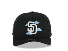 Load image into Gallery viewer, San Diego Padres New Era MLB 9FORTY 940 Adjustable A-Frame Cap Hat Black Crown/Visor White Logo With Sky Blue Clouds SD Side Patch Gray UV
