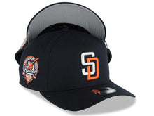 Load image into Gallery viewer, San Diego Padres New Era MLB 9FORTY 940 Adjustable A-Frame Cap Hat Navy Blue Crown/Visor White/Orange Logo 40th Anniversary Side Patch Gray UV
