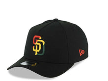 Load image into Gallery viewer, (Rasta Color) San Diego Padres New Era MLB 9FORTY 940 Adjustable Cap Hat Black Crown/Visor Red/Yellow/Green Logo 40th Anniversary Side Patch Gray UV
