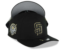 Load image into Gallery viewer, San Diego Padres New Era MLB 9FORTY 940 Adjustable A-Frame Cap Hat Black Crown/Visor Black/Metallic Gold Logo 40th Anniversary Side Patch Gray UV
