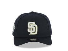 Load image into Gallery viewer, San Diego Padres New Era MLB 9FORTY 940 Adjustable A-Frame Cap Hat Navy Blue Crown/Visor Glow White/Metallic Gold Logo 1998 World Series Side Patch Gray UV

