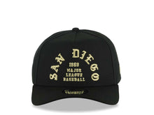 Load image into Gallery viewer, San Diego Padres New Era MLB 9FORTY 940 Adjustable A-Frame Cap Hat Black Crown/Visor Metallic Gold Text Logo 1969 Major League Baseball Gray UV
