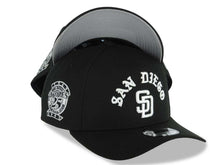 Load image into Gallery viewer, San Diego Padres New Era MLB 9FORTY 940 Adjustable A-Frame Cap Hat Black Crown/Visor White With Text/Script Logo 25th Anniversary Side Patch Gray UV
