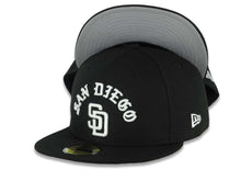 Load image into Gallery viewer, San Diego Padres New Era MLB 59FIFTY 5950 Fitted Cap Hat Black Crown/Visor White Script/Text Logo Gray UV

