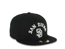 Load image into Gallery viewer, San Diego Padres New Era MLB 59FIFTY 5950 Fitted Cap Hat Black Crown/Visor White Script/Text Logo Gray UV
