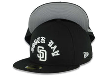 Load image into Gallery viewer, San Diego Padres New Era MLB 59FIFTY 5950 Fitted Cap Hat Black Crown/Visor White South Bay Text/Script Logo Gray UV
