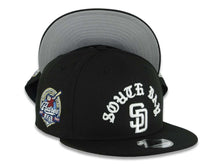 Load image into Gallery viewer, San Diego Padres New Era MLB 9FIFTY 950 Snapback Cap Hat Black Crown/Visor White South Bay Text/Script Logo 40th Anniversary Side Patch Gray UV
