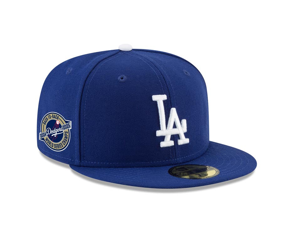 Los Angeles Dodgers New Era MLB 59FIFTY 5950 Fitted Cap Hat Royal Blue Crown/Visor White Logo 2024-2025 Back To Back World Series Champions Side Patch Black UV