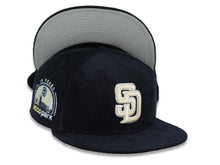 Load image into Gallery viewer, (Corduroy) San Diego Padres New Era MLB 59FIFTY 5950 Fitted Cap Hat Navy Blue Crown/Visor White Logo 10th Anniversary Petcopark Side Patch  Gray UV

