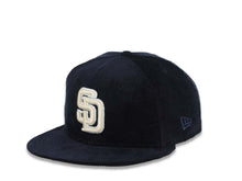Load image into Gallery viewer, (Corduroy) San Diego Padres New Era MLB 59FIFTY 5950 Fitted Cap Hat Navy Blue Crown/Visor White Logo 10th Anniversary Petcopark Side Patch  Gray UV
