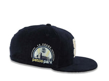 Load image into Gallery viewer, (Corduroy) San Diego Padres New Era MLB 59FIFTY 5950 Fitted Cap Hat Navy Blue Crown/Visor White Logo 10th Anniversary Petcopark Side Patch  Gray UV
