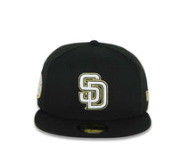 Load image into Gallery viewer, San Diego Padres New Era MLB 59FIFTY 5950 Fitted Cap Hat Black Crown/Visor White/Black/Metallic Gold Logo Aztec Crest Side Patch 619 Back Logo
